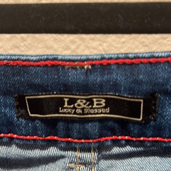 Lucky & Blessed Size 10 Boutique Jeans Blue Serape Fabric details, distressed - Picture 11 of 14